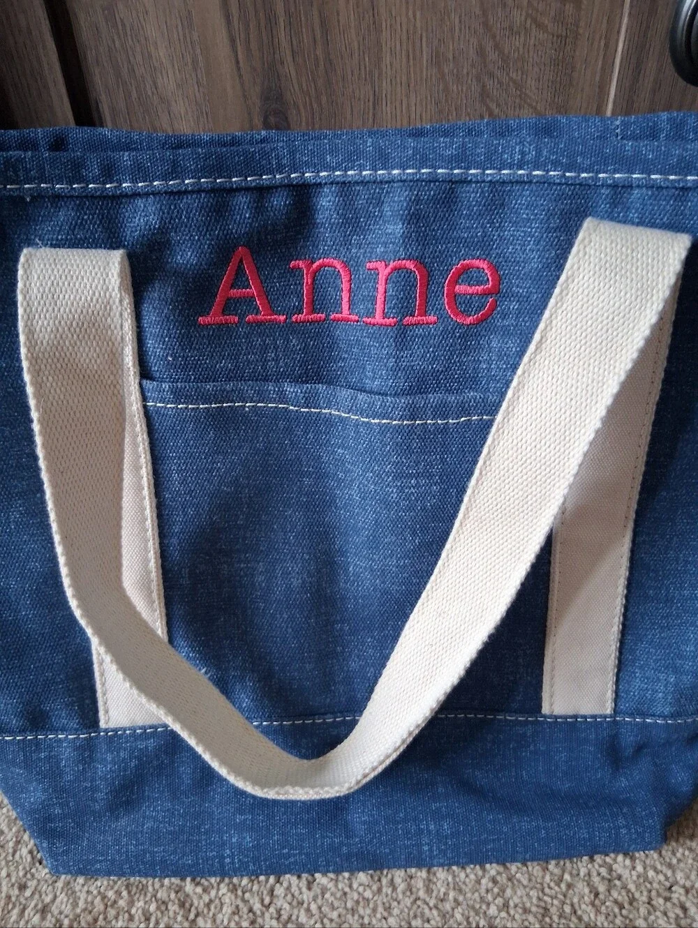 Lands' End Medium 5 Pocket Open Top Tote Monogram Anne Flower Denim Blue Canvas